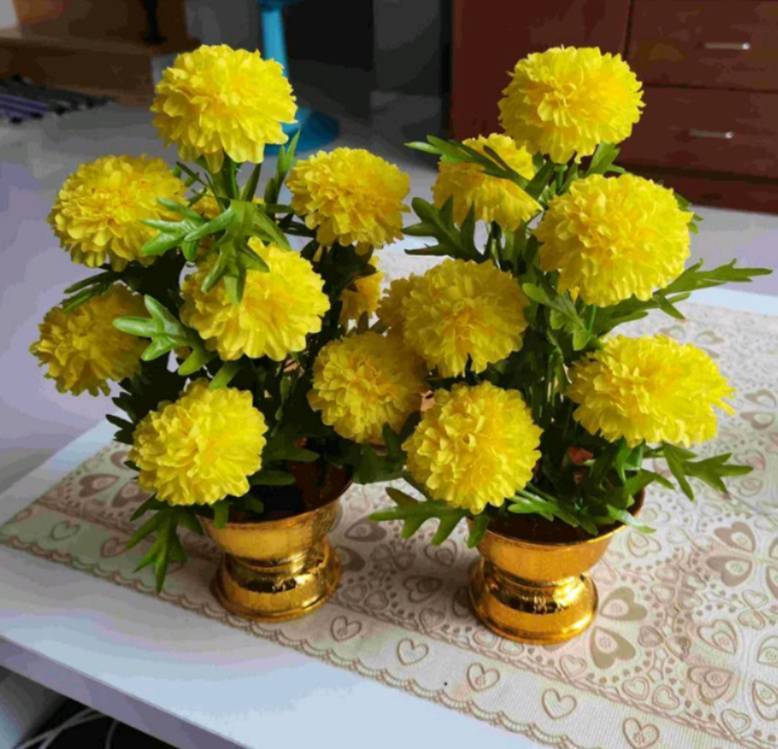 Pair Marigolds Flower Artifical Arrangement Gold Tray Decor Home Yellow Floral