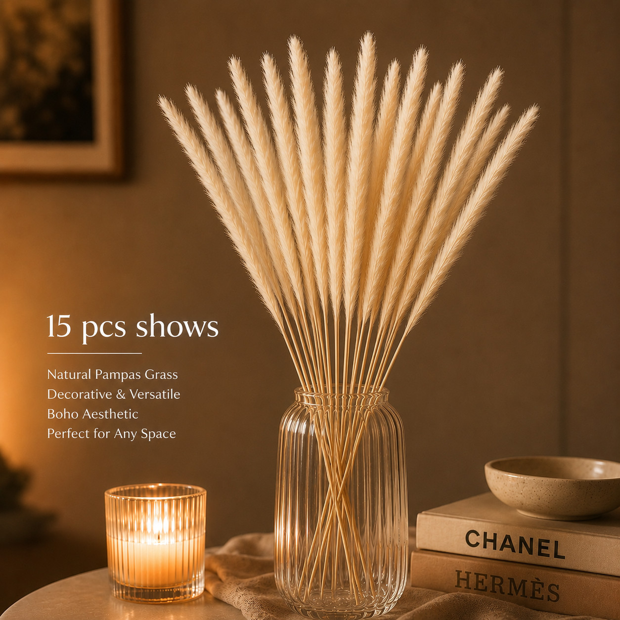 15 Stems Natural White Dried Pampas Grass Fluffy Reed Boho Home Wedding
