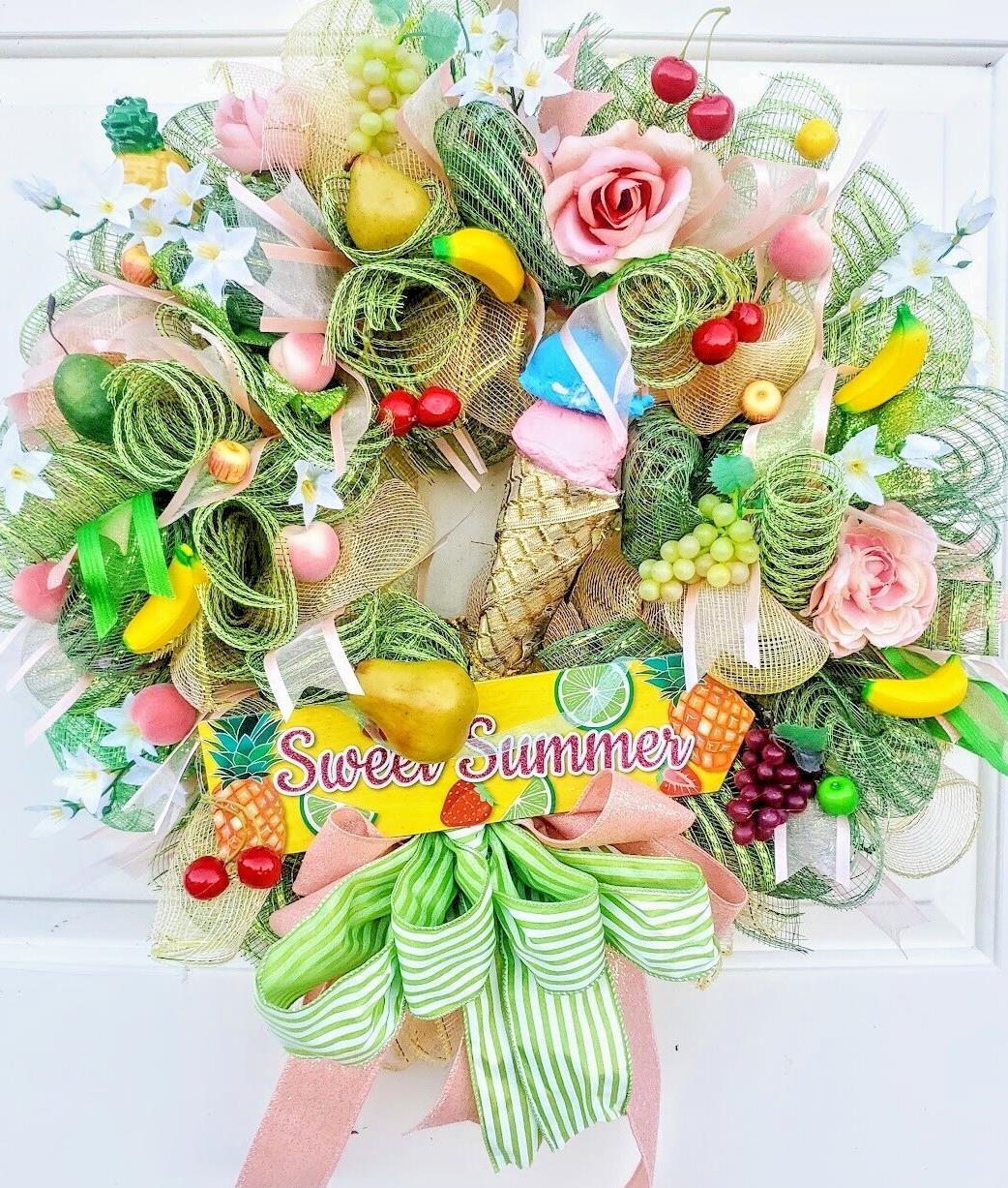 Summer Wreath Large 24″ Handmade Deco Mesh Front Door Ice Cream Cone Decoration