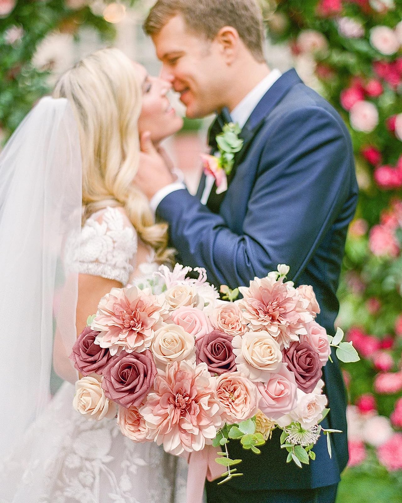 Dusty Blush Pink Roses Artificial Flowers, Fake Flower Bulk, DIY Wedding Bouquet
