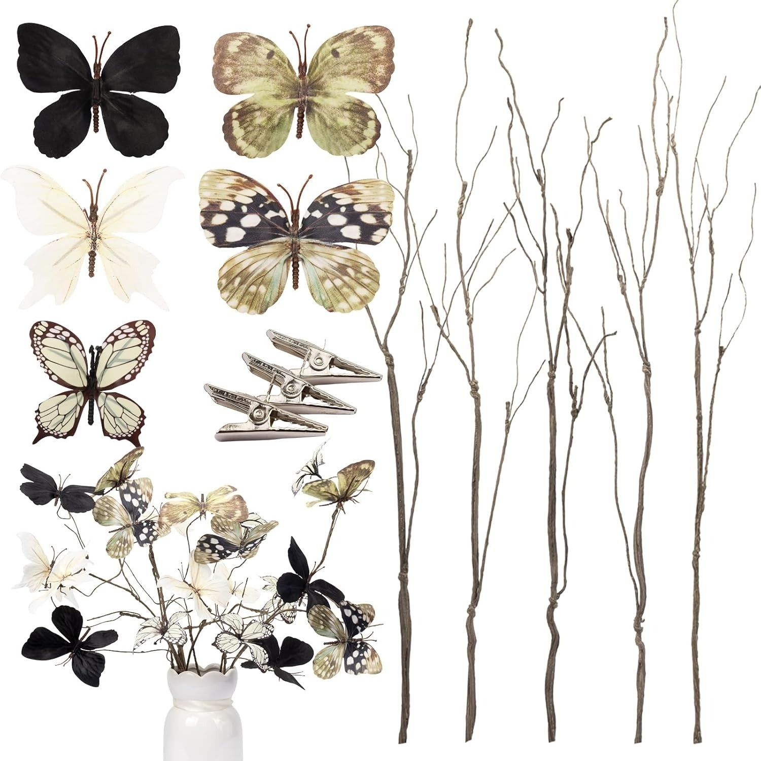 5pcs DIY Butterfly Branches 30pcs Butterflies Faux Stems Vase Filler Home Decor