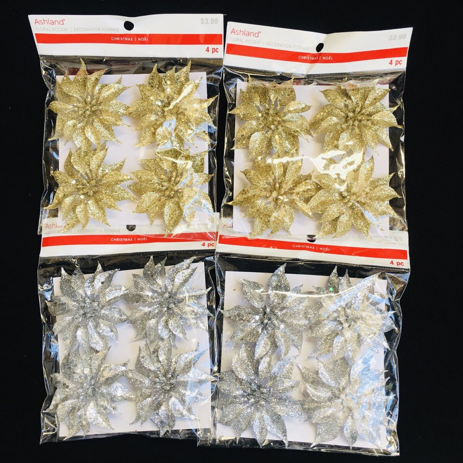 Ashland Glitter X’mas Flower 3″ sliver & Gold ( Set Of 16 ) Flower Ornament X-35