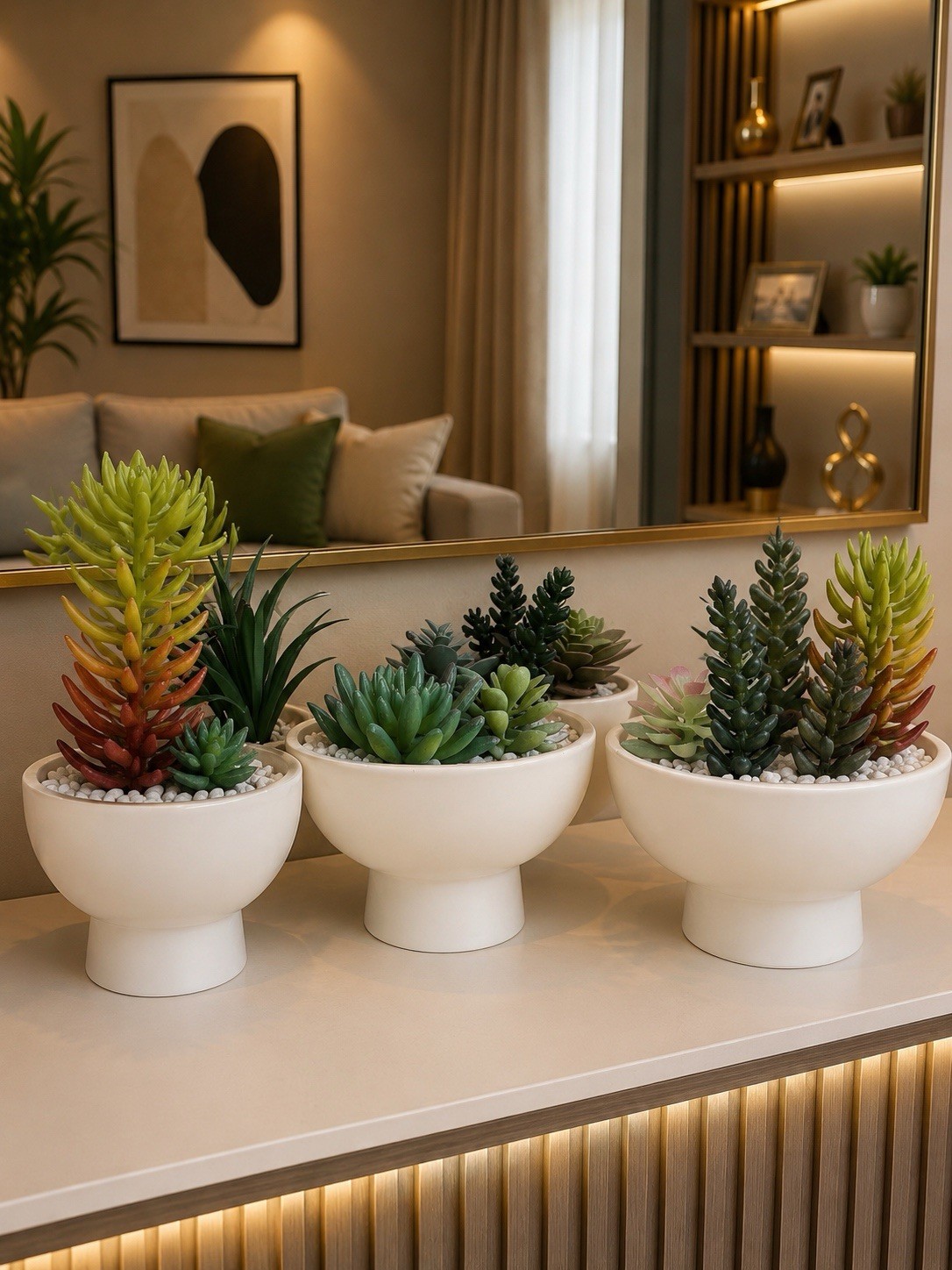 4 Pack Succulent Arrangement In Modern Ceramics Pedestal Bowl -faux Plant