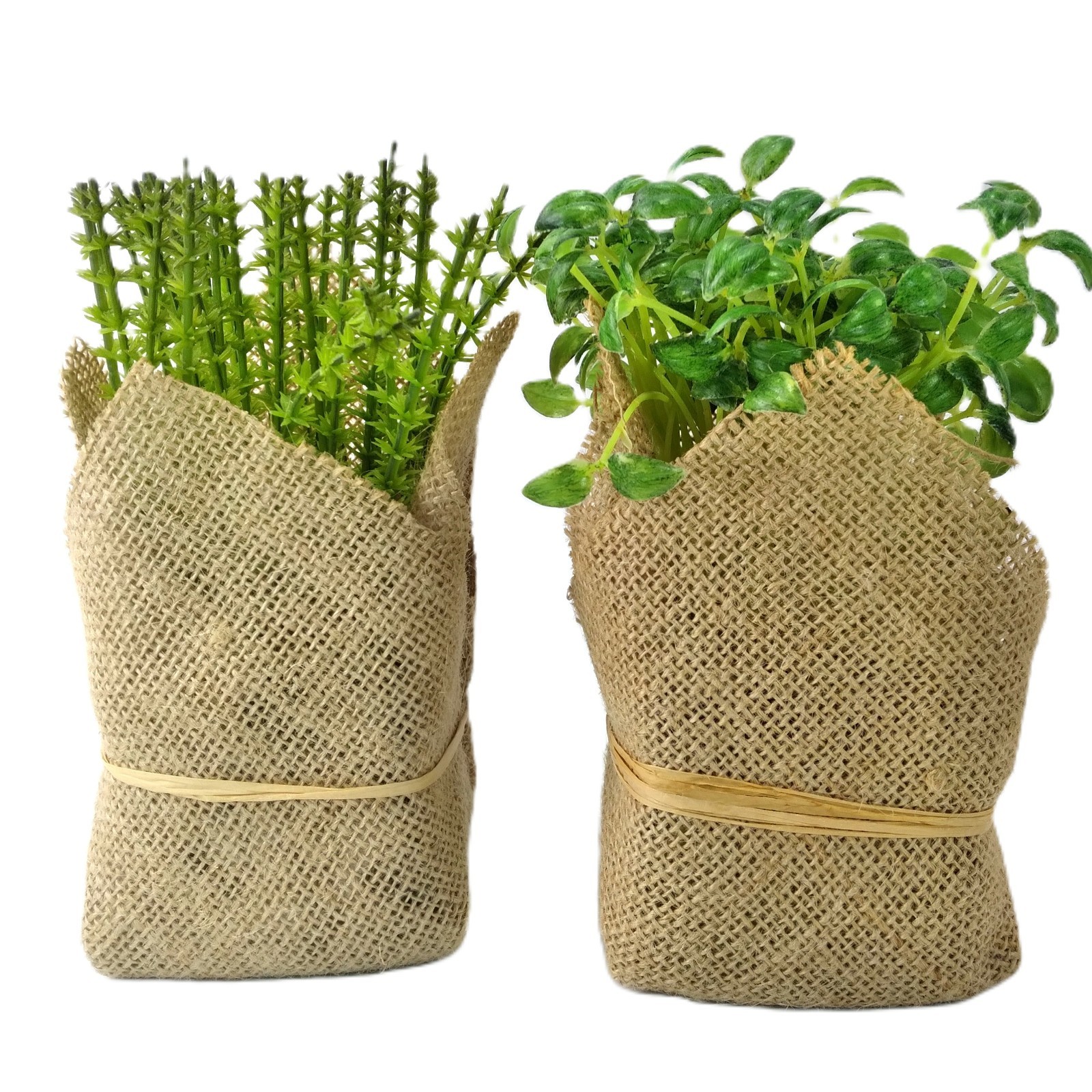 2 Pcs Small Artificial Plants Wrapped in Burlap Farmhouse Green Cottage 6.5-7″ T