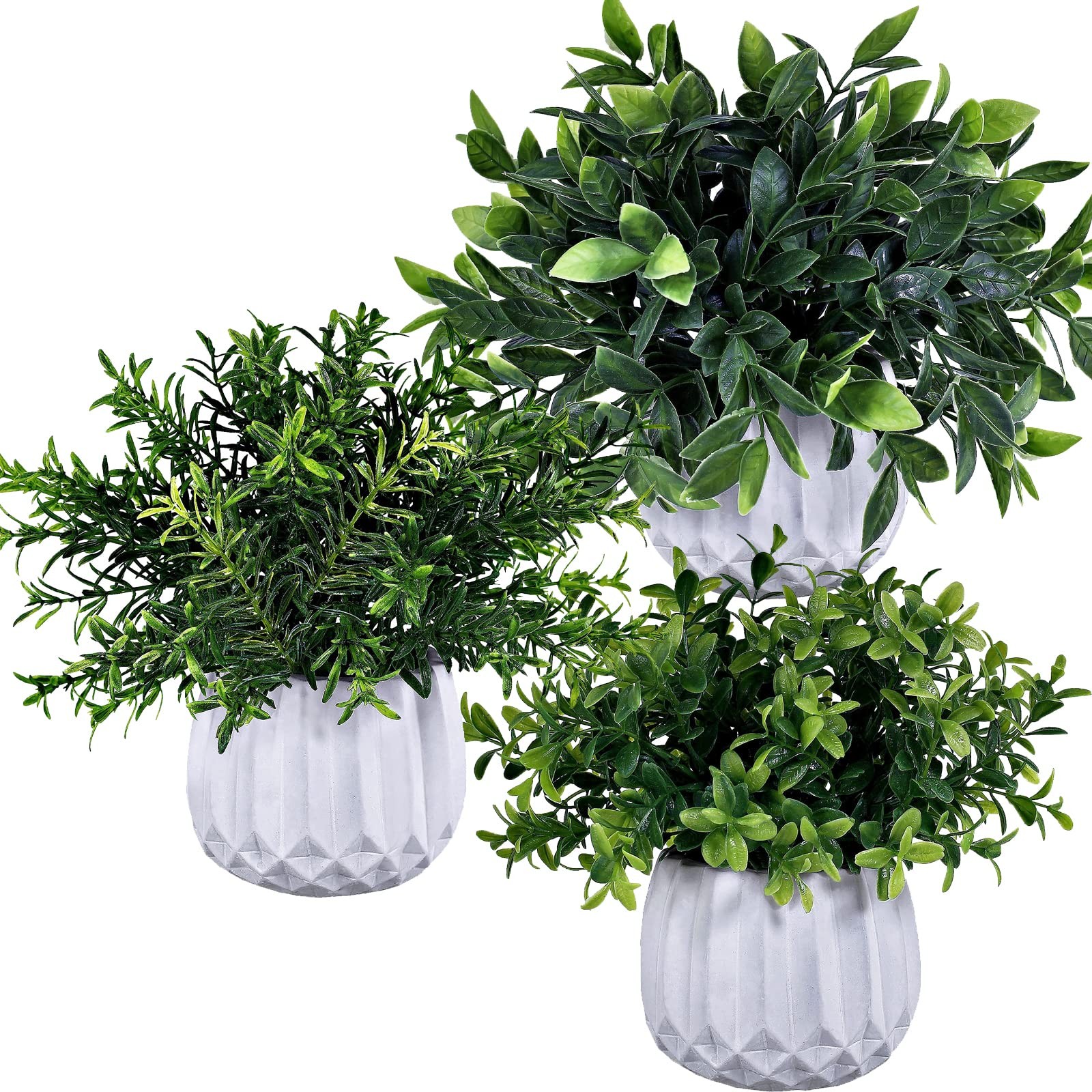 3 Pcs Faux Potted Plants Set – Artificial Eucalyptus, Rosemary, Boxwood Green…
