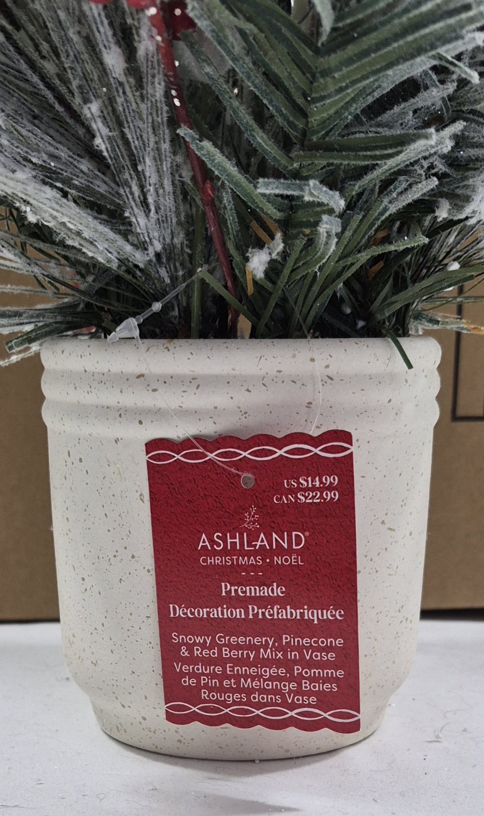 Case Of 4 Holiday Centerpiece Vase Flocked Pinecone & Red Berry Mix Ashland