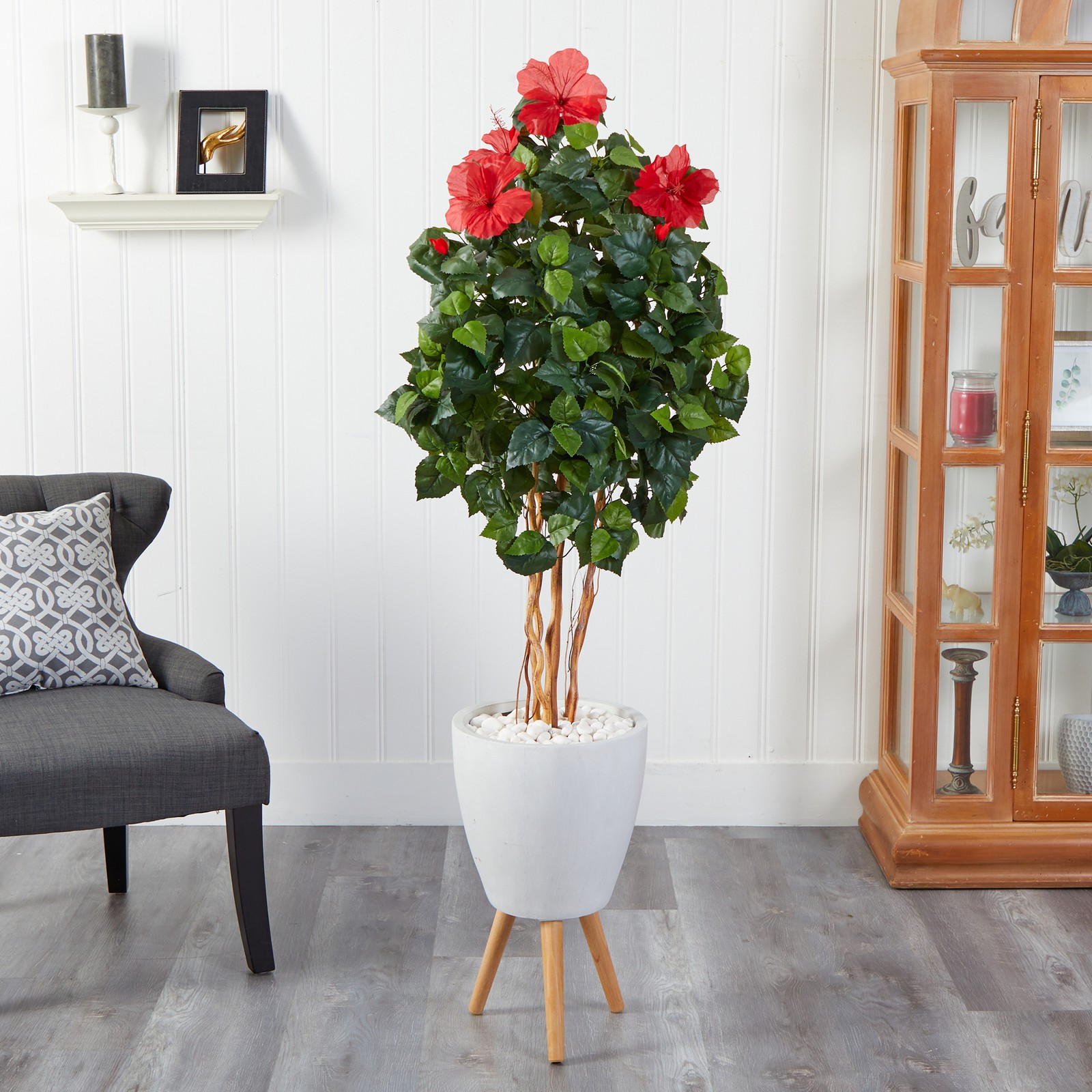 Nearly Natural 58″ Hibiscus Artificial Tree in White Planter with Stand in Green