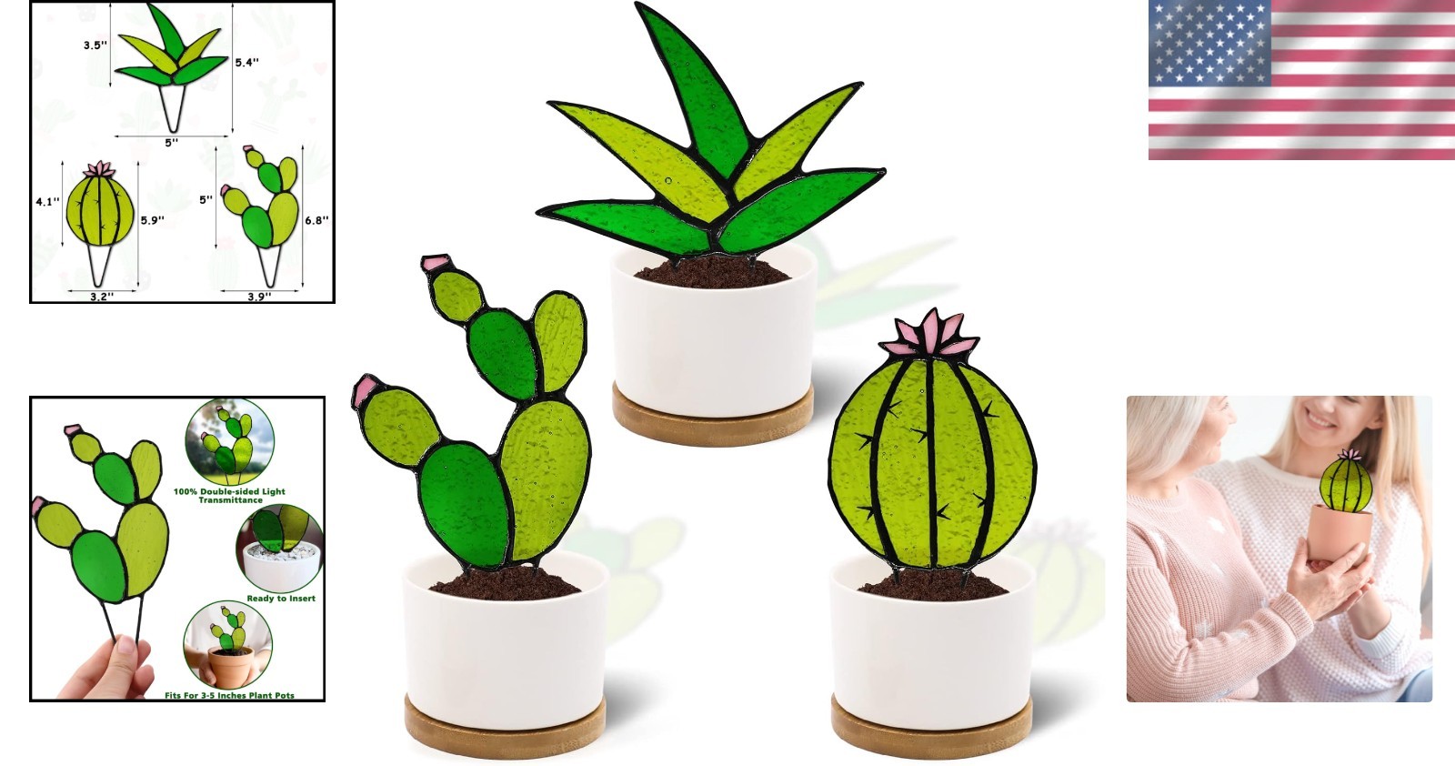 Mini Cactus Stained Glass Suncatcher for Indoor Outdoor Decor Green Pink