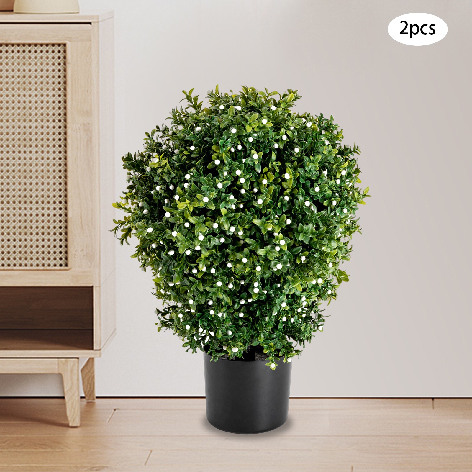 20″ Tall Artificial Boxwood Topiary Ball Tree with White Flowers for Front Porch