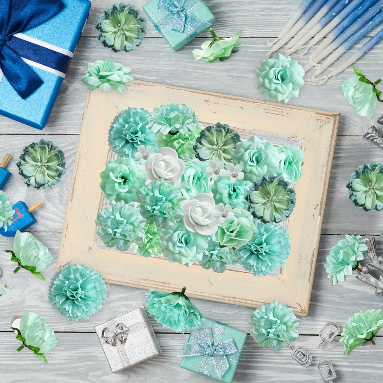 Mini Artificial Flowers Heads Mint Green Silk Peony Daisy Rose Mix 70 PCS Set