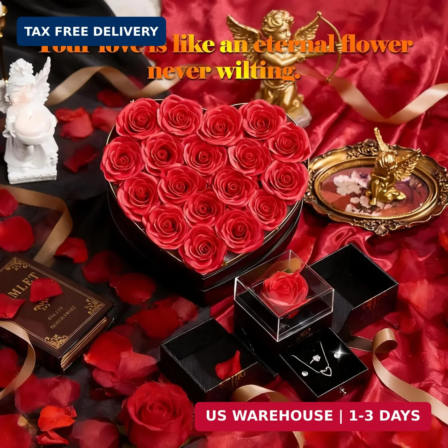 Artificial Forever Preserved Flowers Box & Preserved Roses with Necklace Ring Ea