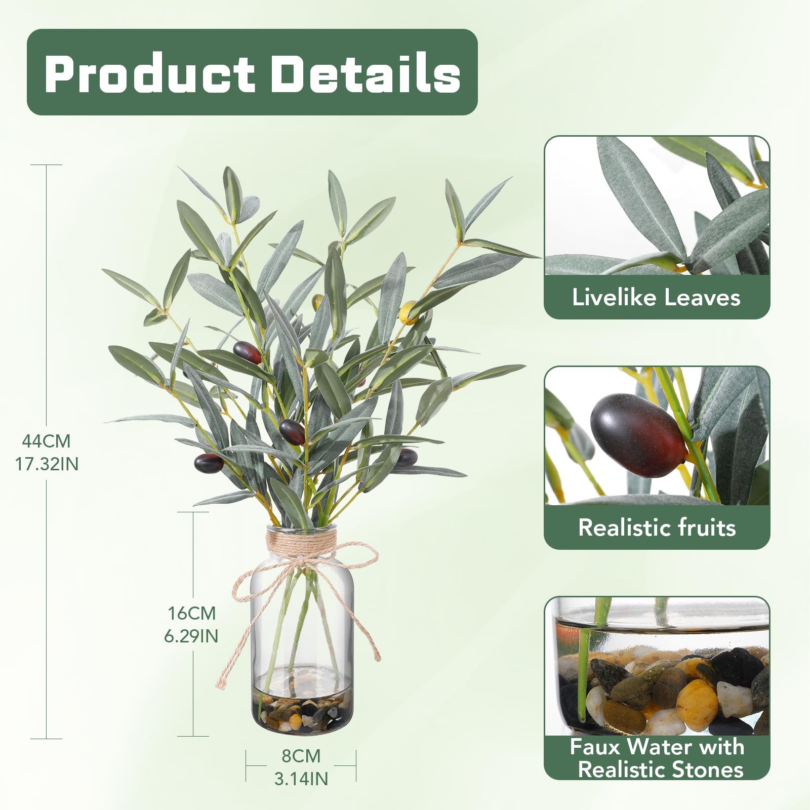 15.74” Artificial Olive Branches in Glass Vase with Faux Water & Natural Ston…