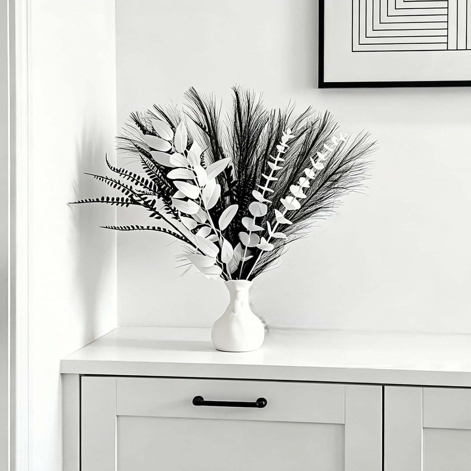 Modern Black White Artificial Flower Arrangement – 17″ Faux Eucalyptus Bouque…