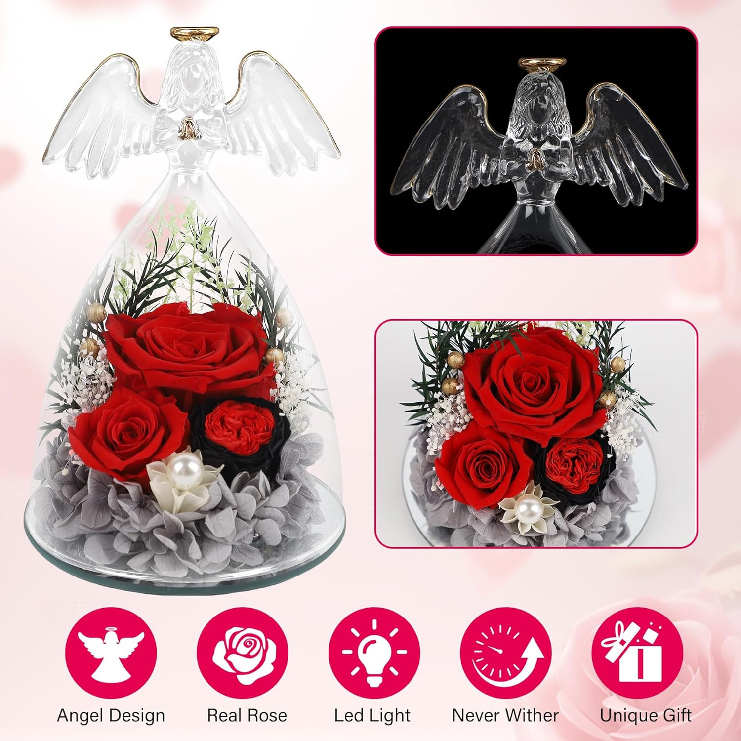 Gifts for Women Mom-Preserved Roses in Glass Angel Figurine, Forever Fresh Flowe