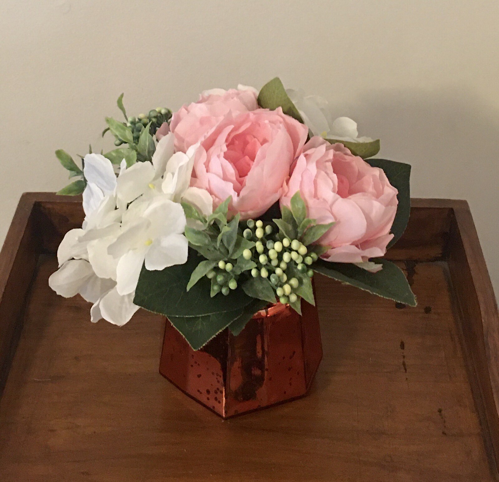 Floral Arrangement with Dahlia Hydrangea Berries in Bronze Glass Vase Handmade