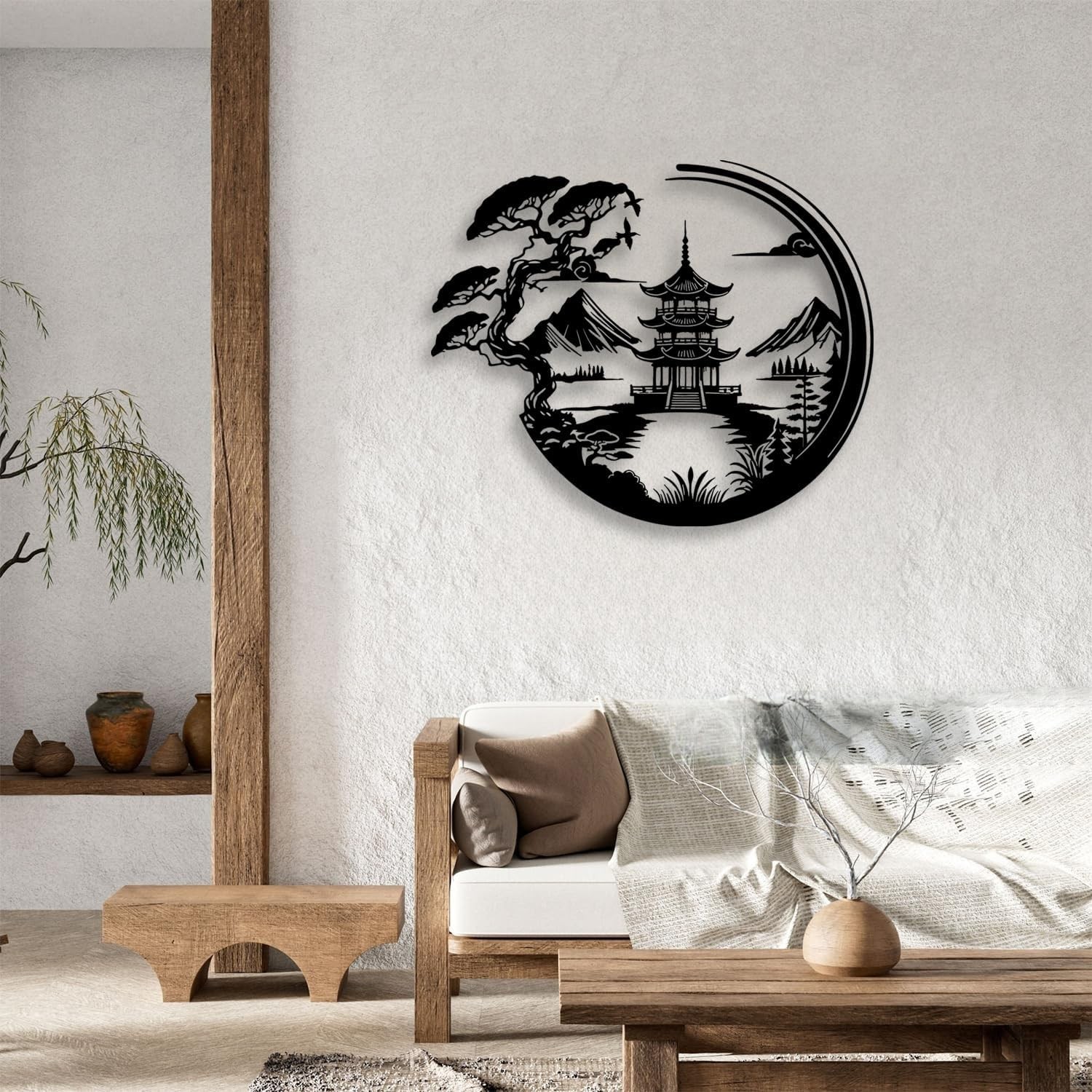 Bonsai Tree Torii Gate Metal Wall Decor – Japanese Style Room Decor Black Wal…