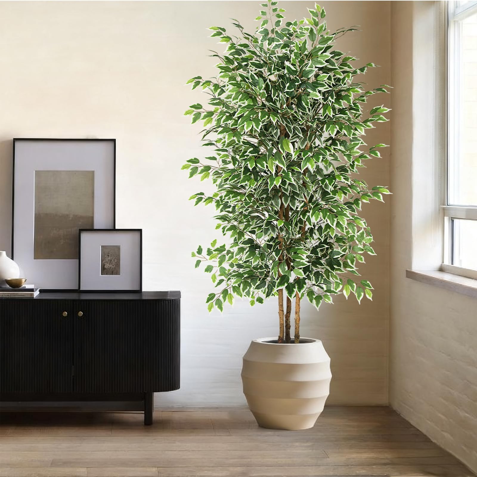 7ft Large Ficus Artificial Tree with Natural Trunk, 84″ Tall Faux Tree for Ho…