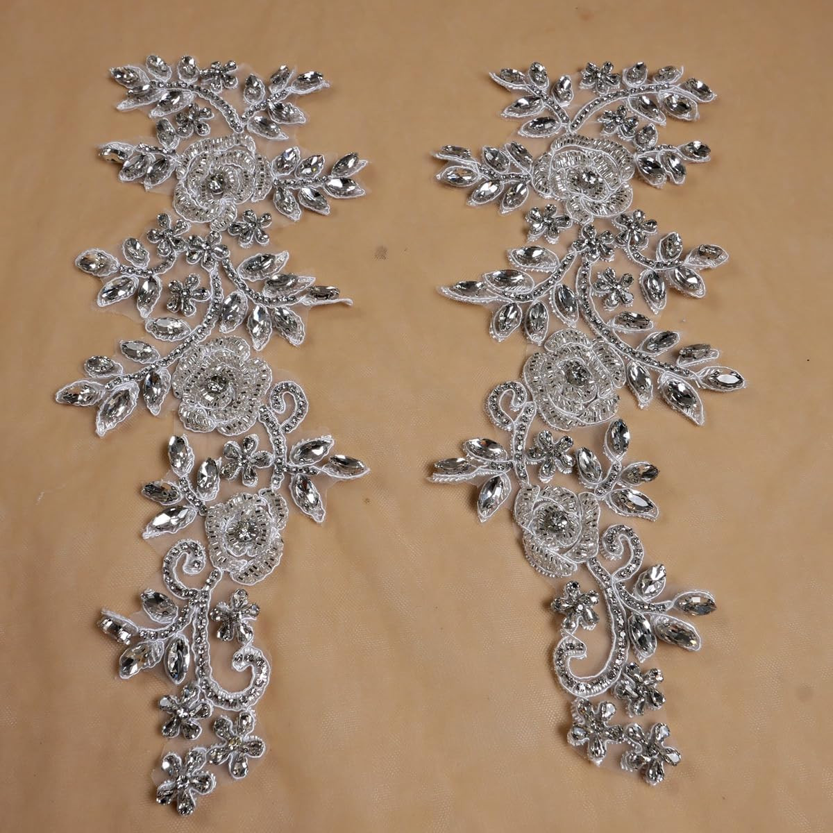 Beaded Rose Flowers &Leaves Rhinestone Pair Applique in Silver for Prom Dress Be