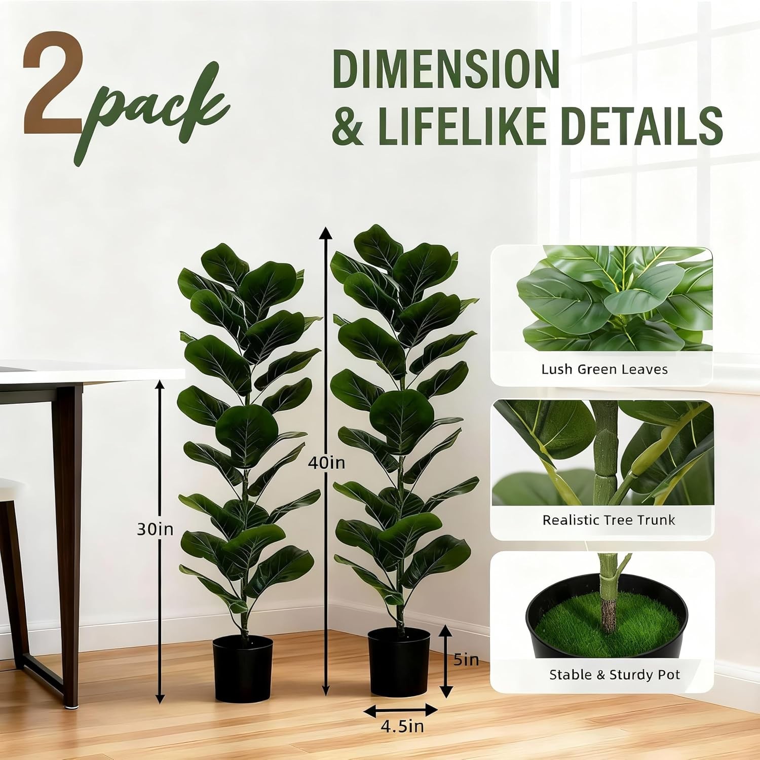 2 Pack Faux Fiddle Leaf Fig Tree – 40″ Fake Tree with Black Planter & Artificial
