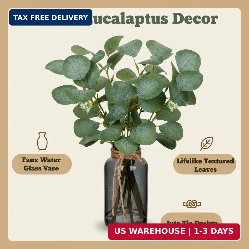Briful Artificial Eucalyptus Stems in Black Glass Vase with Faux Water, 14″ Fake