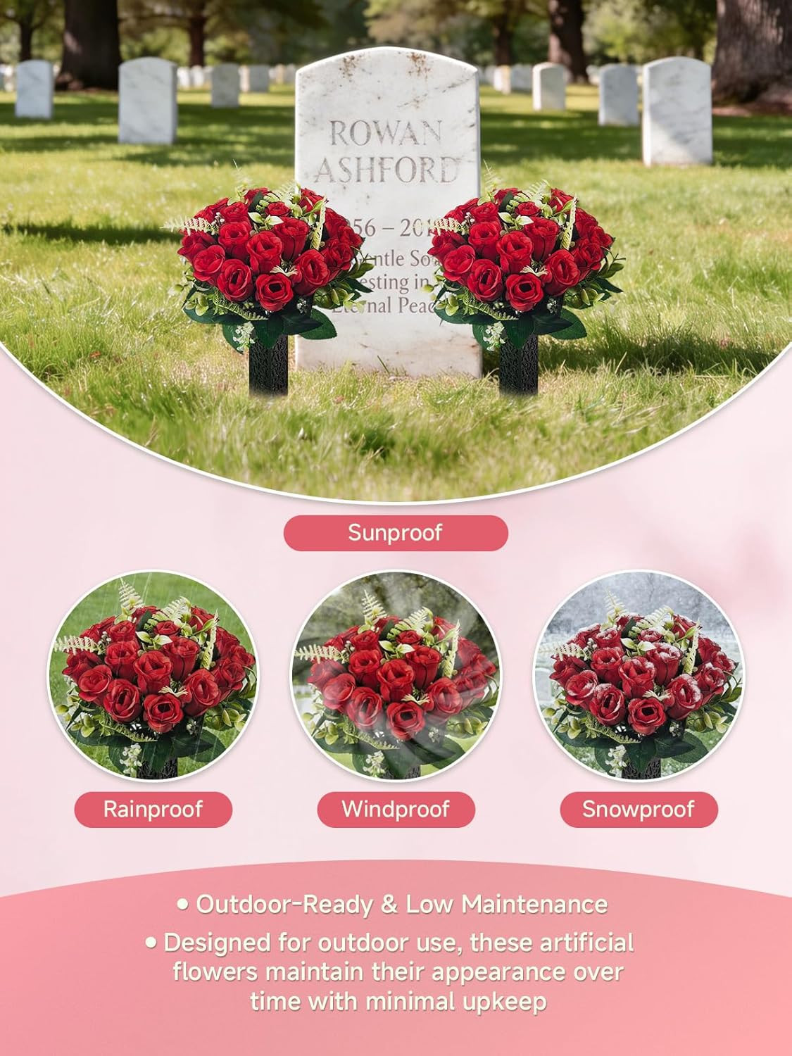 2 Pack Cemetery Flowers for Grave with Spiked Vases, 18-Stem Red Artificial Rose