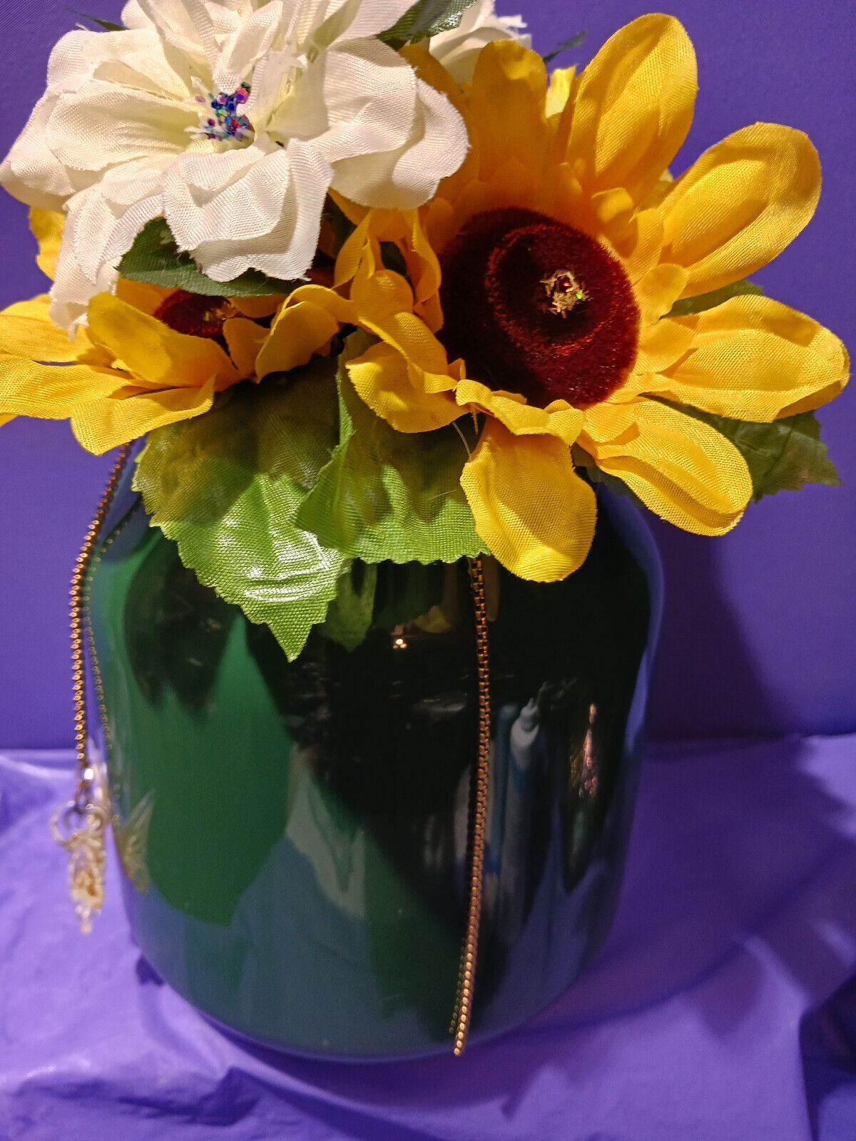 Artificial Flower Arrangement Vintage Green Vase Glass Butterfly On Gold Chain