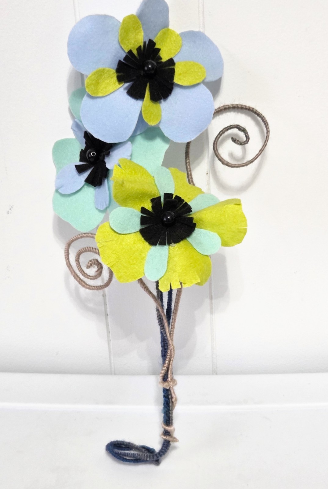 Handmade Felt Flower Bouquet – Pastel Green Blue Black Whimsical 4″ Blooms