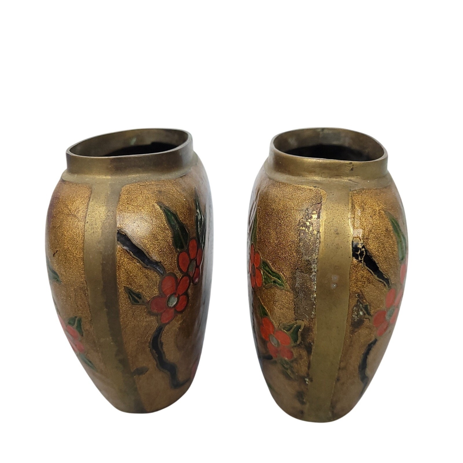 2 Vintage Brass Cloisonné Vases Oval Flat Floral Owls Enamel 4.5″ Boho Handmade