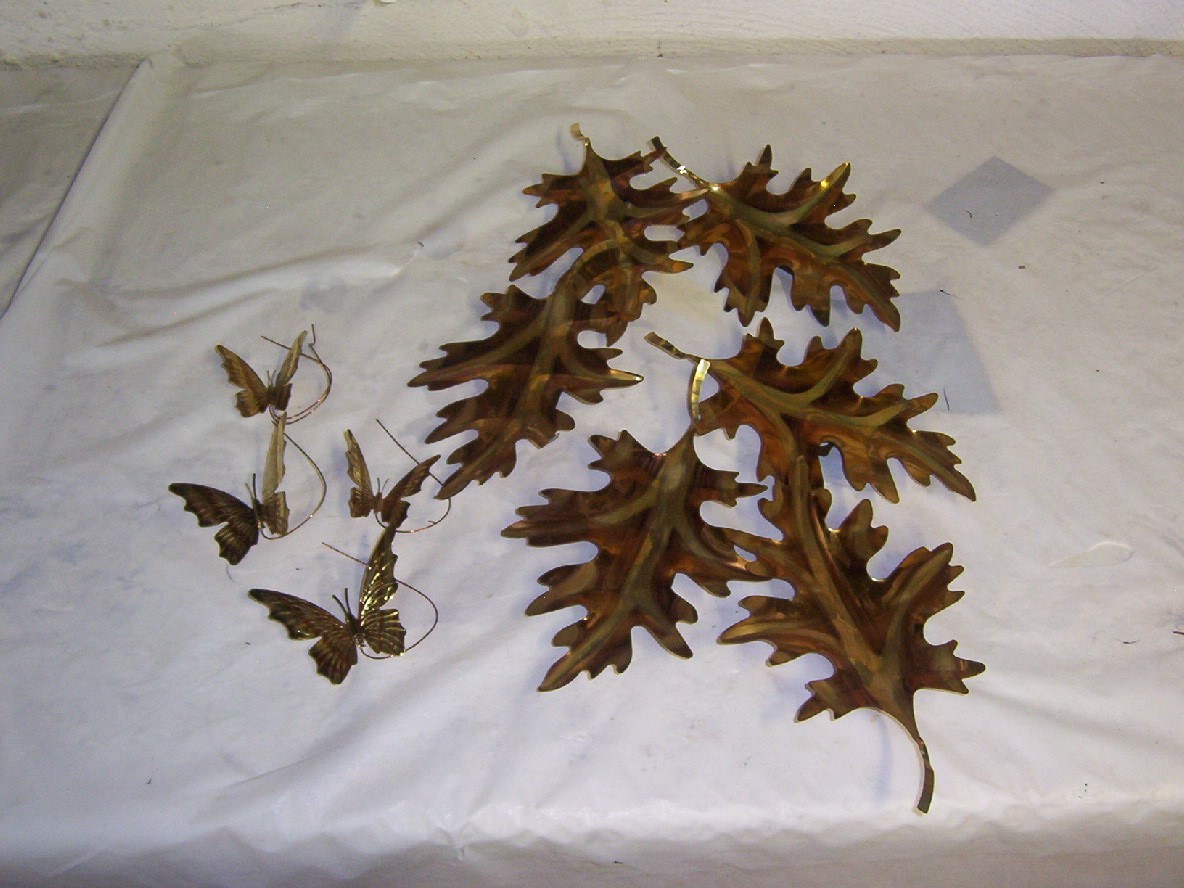 6 BRASS LEAVES AND 4 BRASS BUTTERFLIES