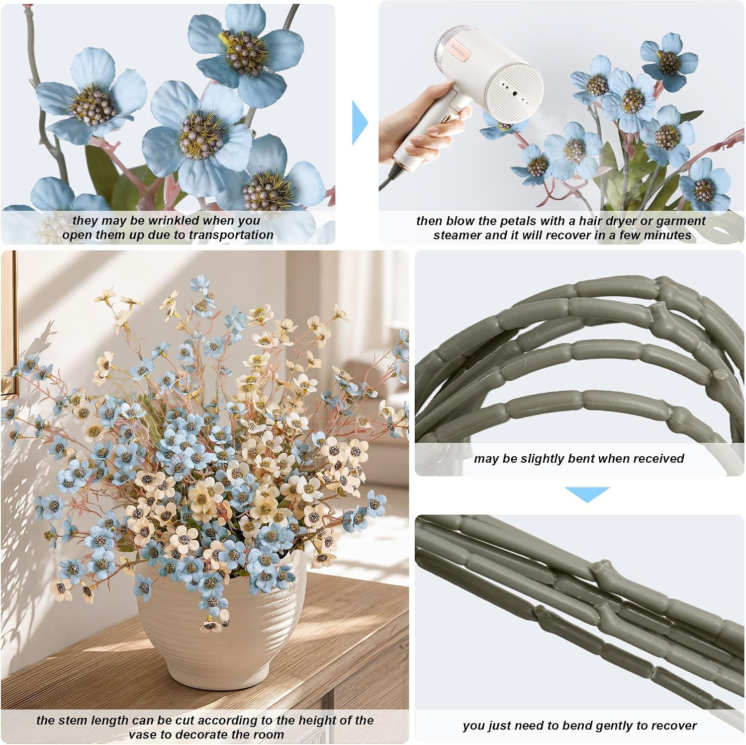 12 Pcs Artificial Wild Flowers – Blue Ivory Silk Faux Floral Decor for Home