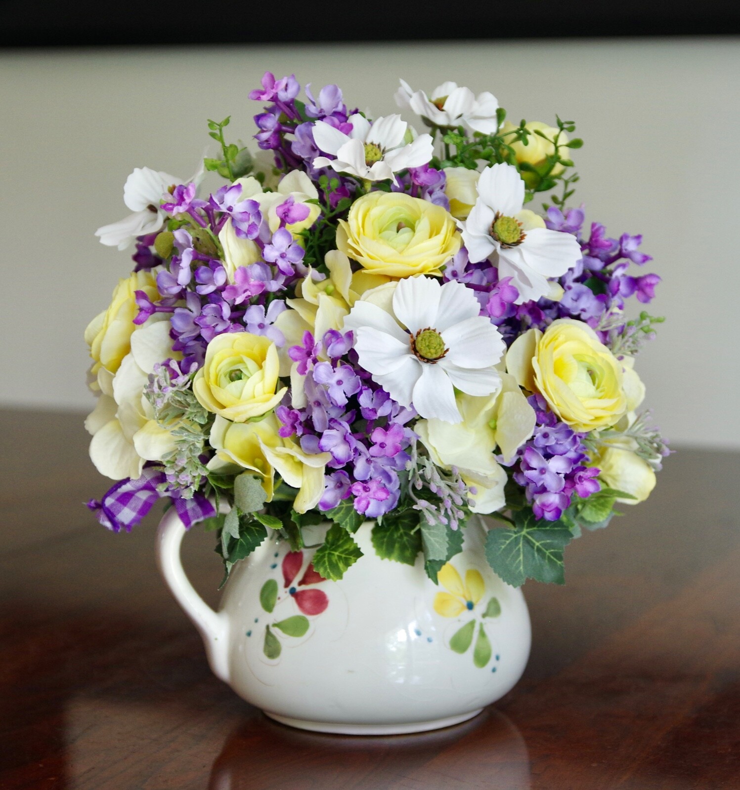 Vintage Hand Painted Portugal Floral Pitcher With Silk Lilac Arrangement