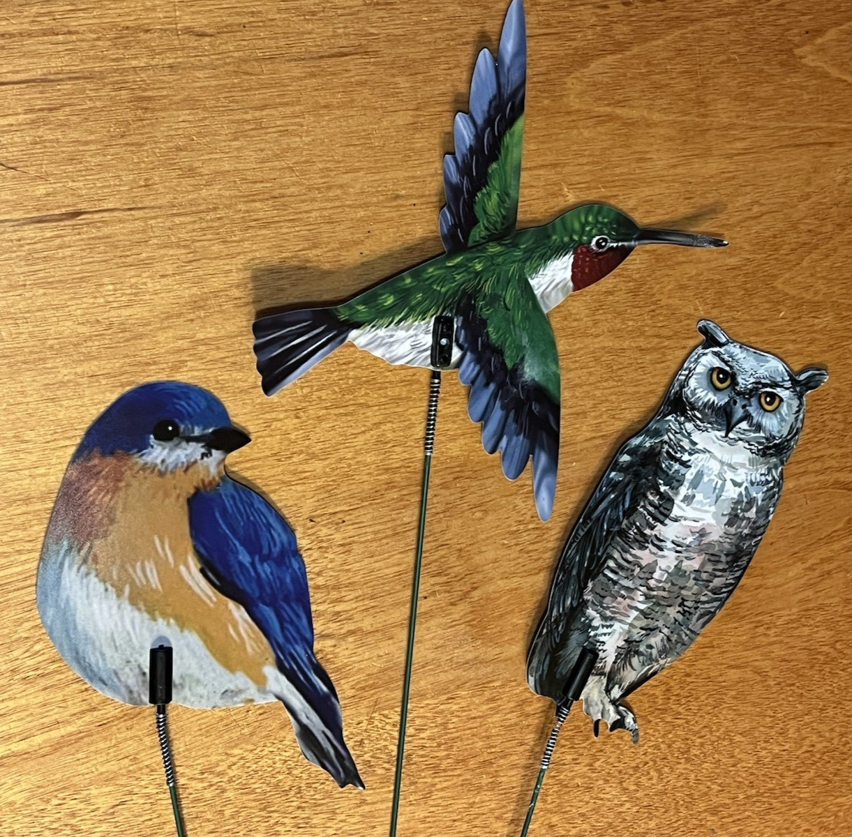 Bird Picks Lot of 3 Decorative Plastic on Wire Stems Owl, Hummingbird, Blue Bird