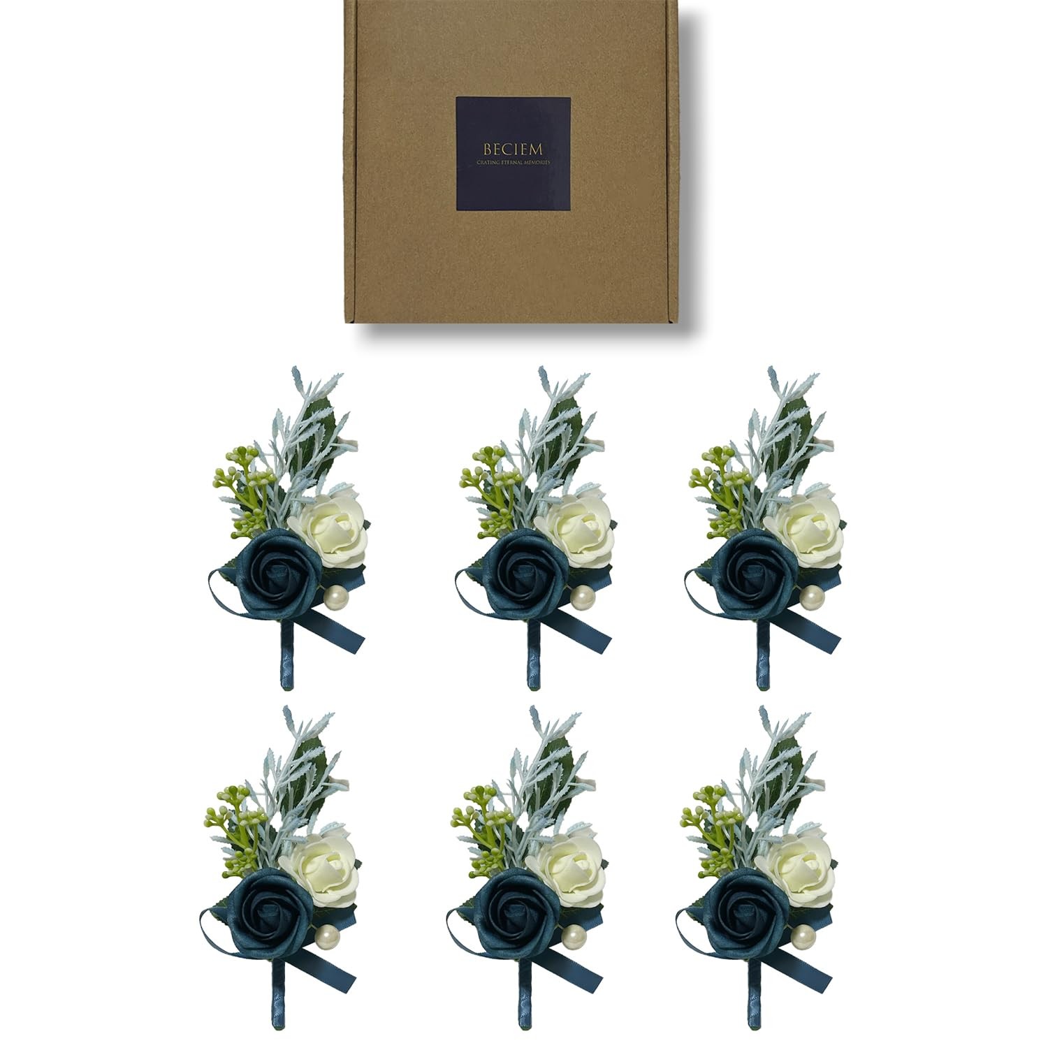 6 PCS Navy Blue Boutonniere for Men Groomsmen Guest Artificial Flowers