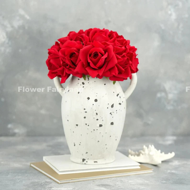 5 Stems Real Touch Moist Latex Rose Bouquet – Bright Red | Artificial Flower