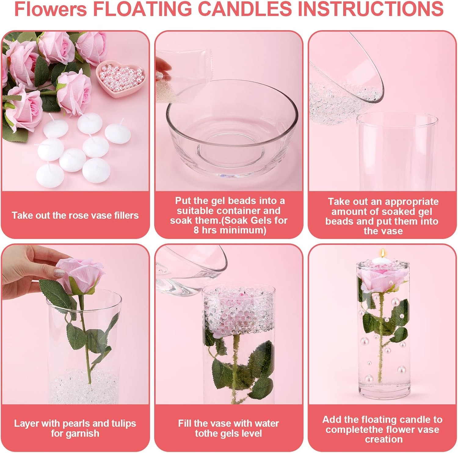 Vase Filler Set: 12 artificial roses, 12 floating candles for centerpiece