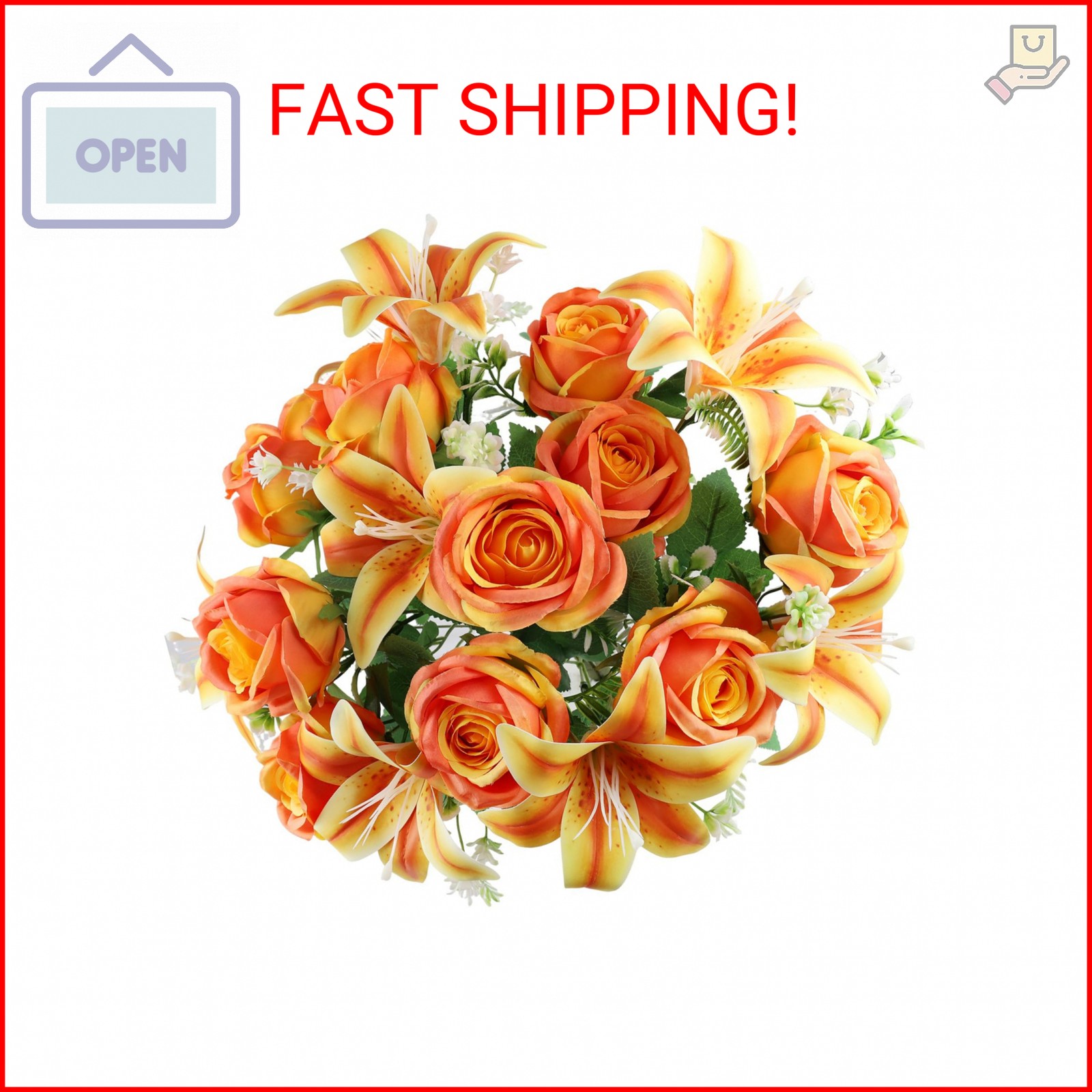 2 Set Artificial Cemetery Flowers with Grave Vase-2 Bunches Lilies & Rose Mixed