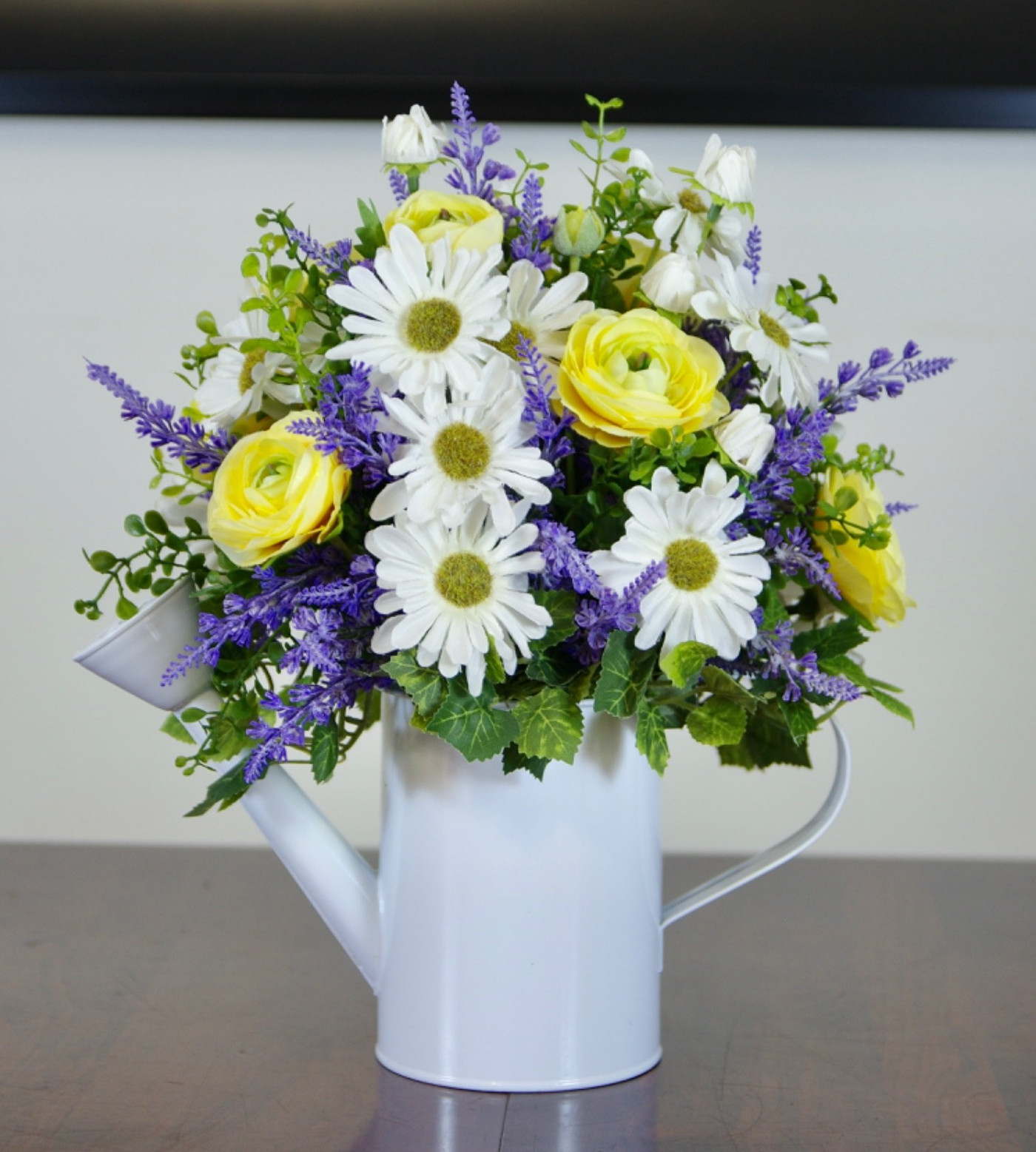 Silk Daisies, Ranunculus and Lavender Arrangement in White Metal Watering Can