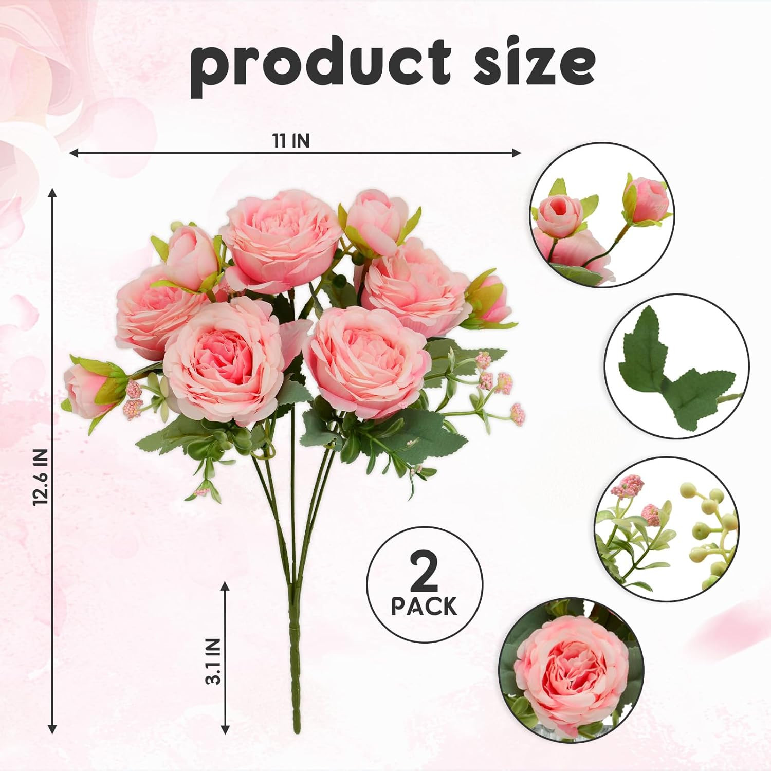 2 Pack Artificial Flowers Bouquet, 10 Pcs Austin Roses Silk Flowers Heads, Fake