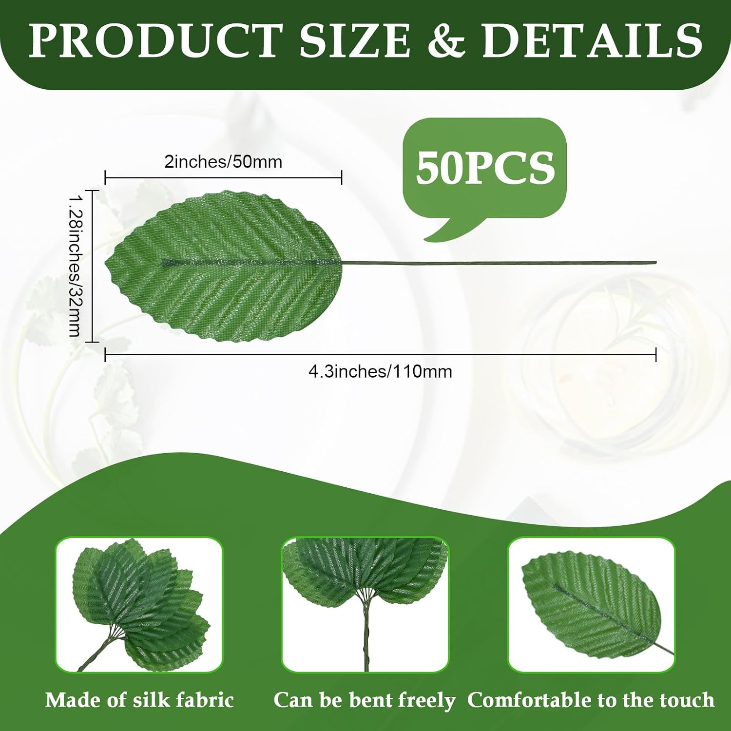 50Pcs Artificial Silk Leaf, Fabric Floral Fake Wire Crafts Leaves Faux Flowers f