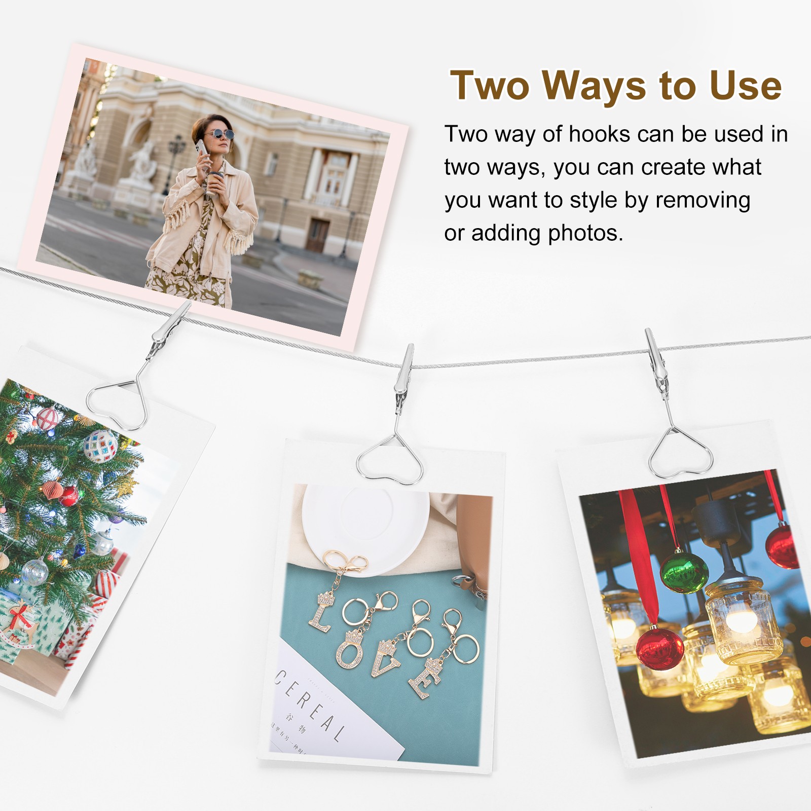 5Ft Wall Hanging Photo Display Cable Wire Rod with 10 Heart Clips, Silver
