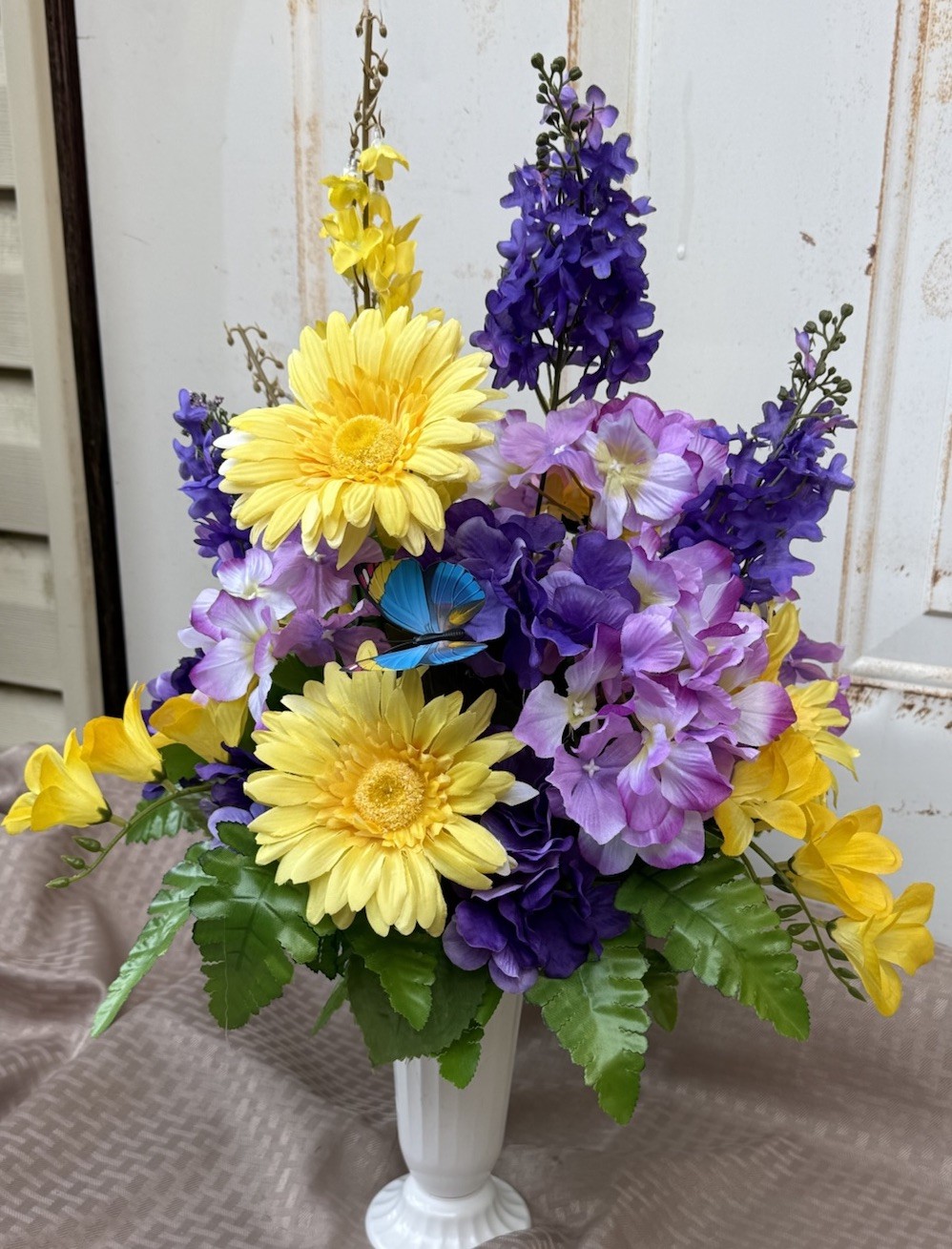 Artificial cemetery flower Arrangements Grave Flowers Purple And Yellow