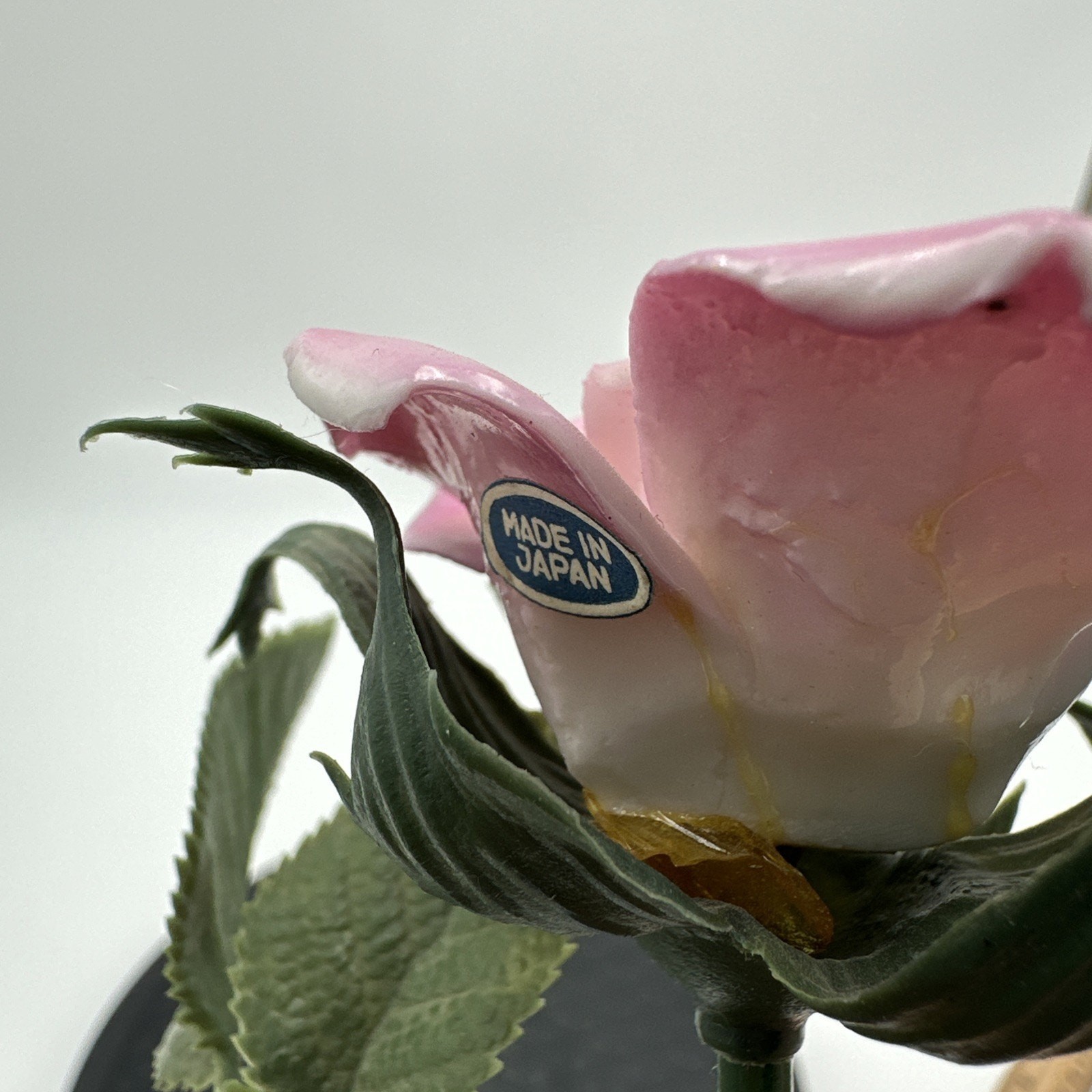 Vintage Porcelain Flower Pink Rose Long Stemmed Plastic Stem Leaves Japan