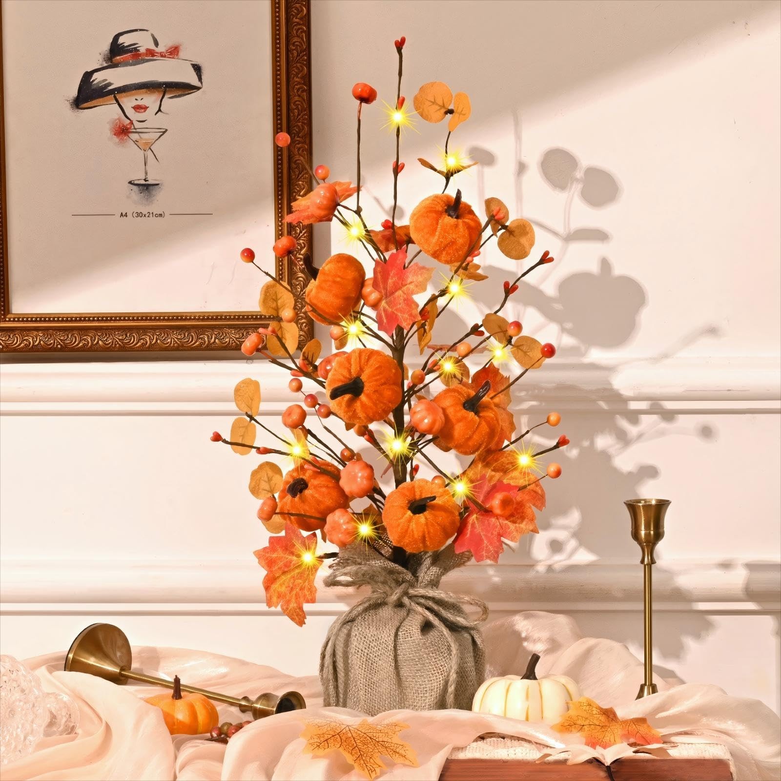 1 PC 18-Inch Artificial Pumpkin Maple Leaf Tree with Lights Fall Table Decor
