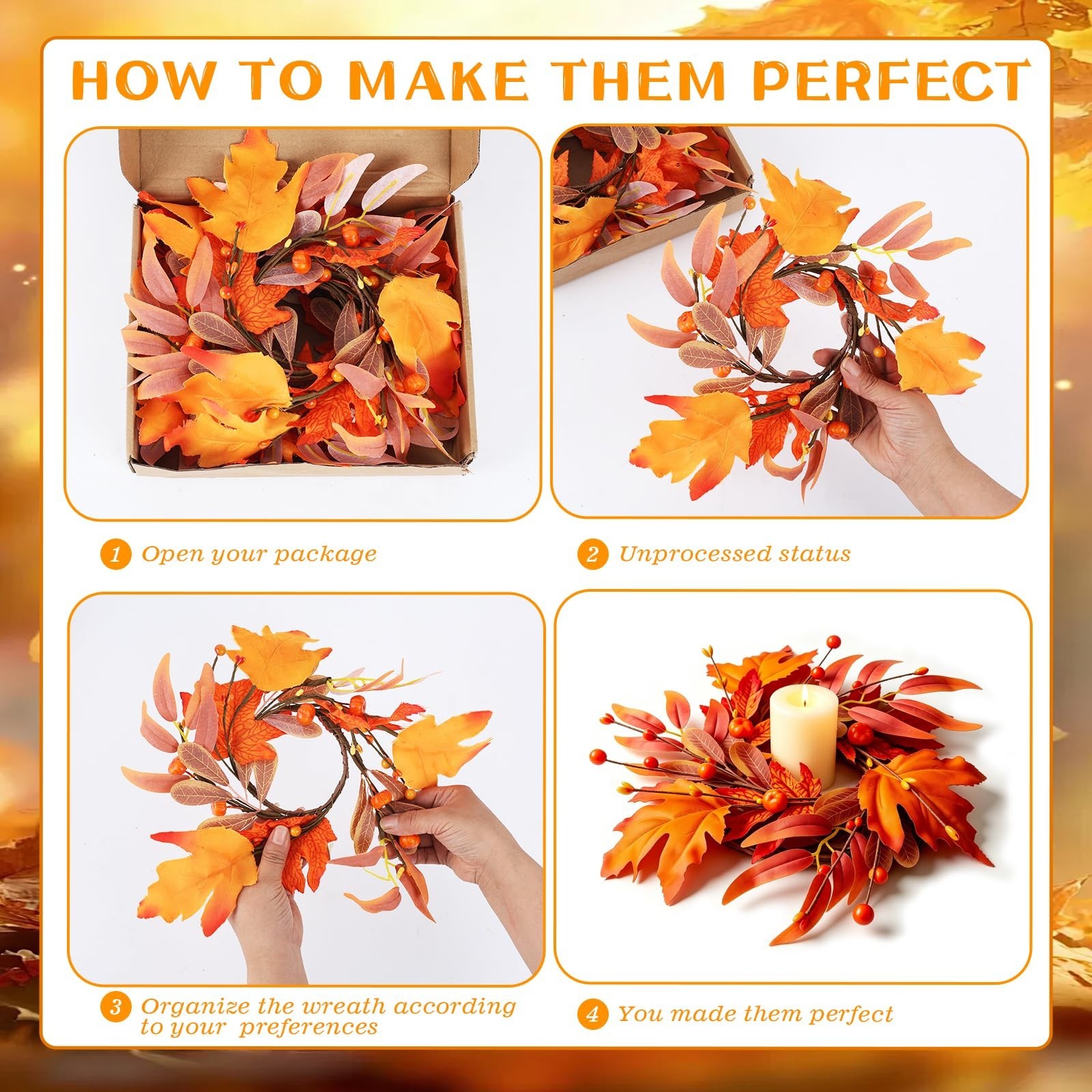 4 Pcs Mini Fall Wreaths – 9″ Maple Leaf Candle Rings, Autumn Centerpieces for Ho