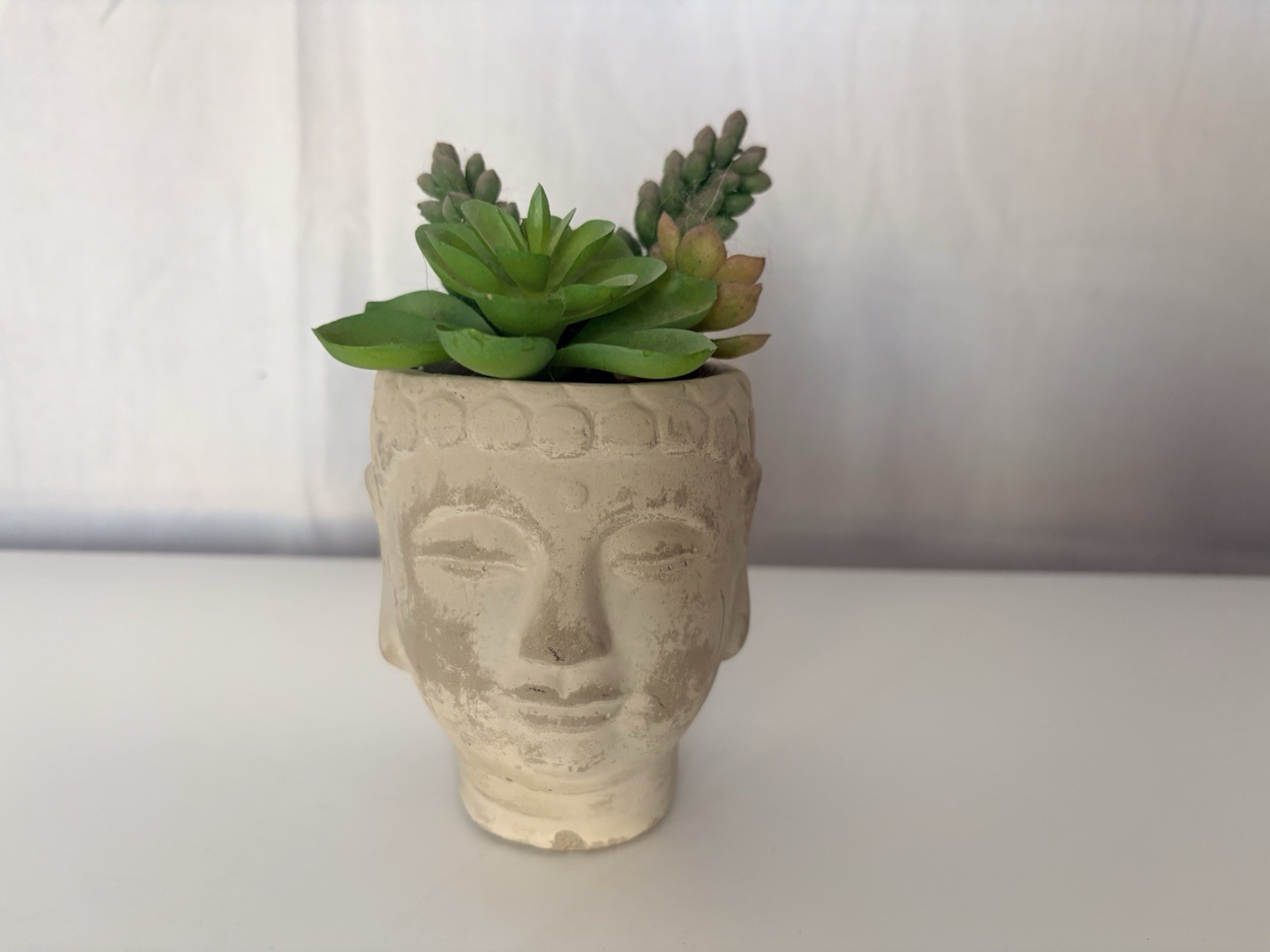 Buddha Head Concrete Modern Planter Faux Succulent Plant Decor Small