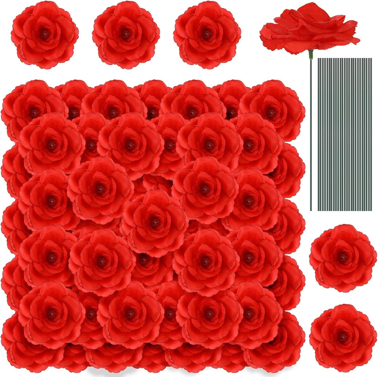 100 Pcs Artificial Flowers Fake Silk Roses Long Stem Rose Bouquet Wedding Par…