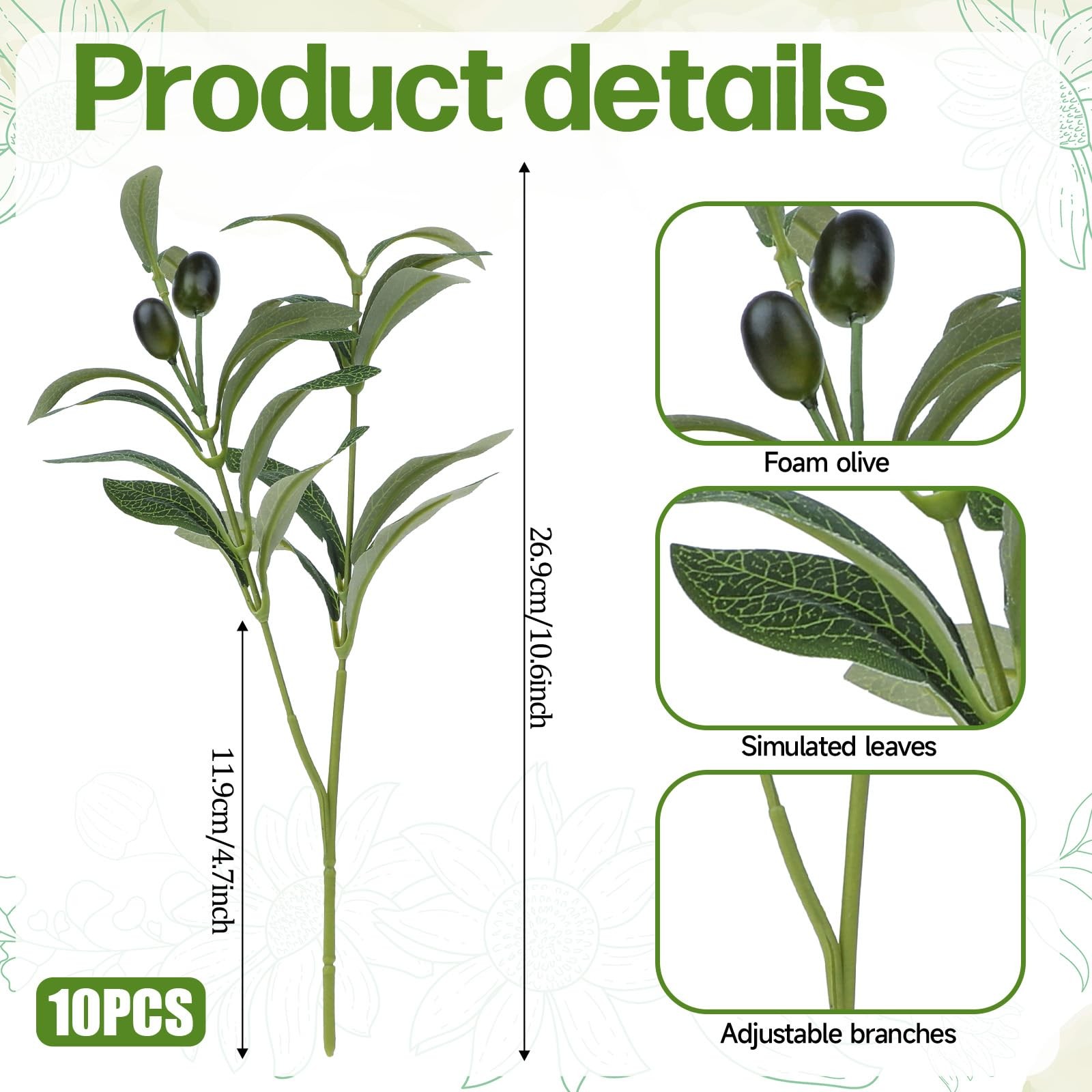 10.23″ Artificial Olive Leaves Stems, 10 Sticks Fake Olive Branches for Vases…