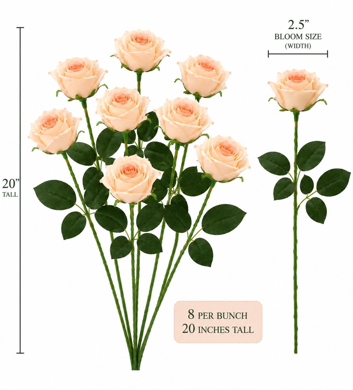 Set of 8 Artificial Peach Rose Stems 20 Inch Faux Roses Soft Peach Wedding Flowe