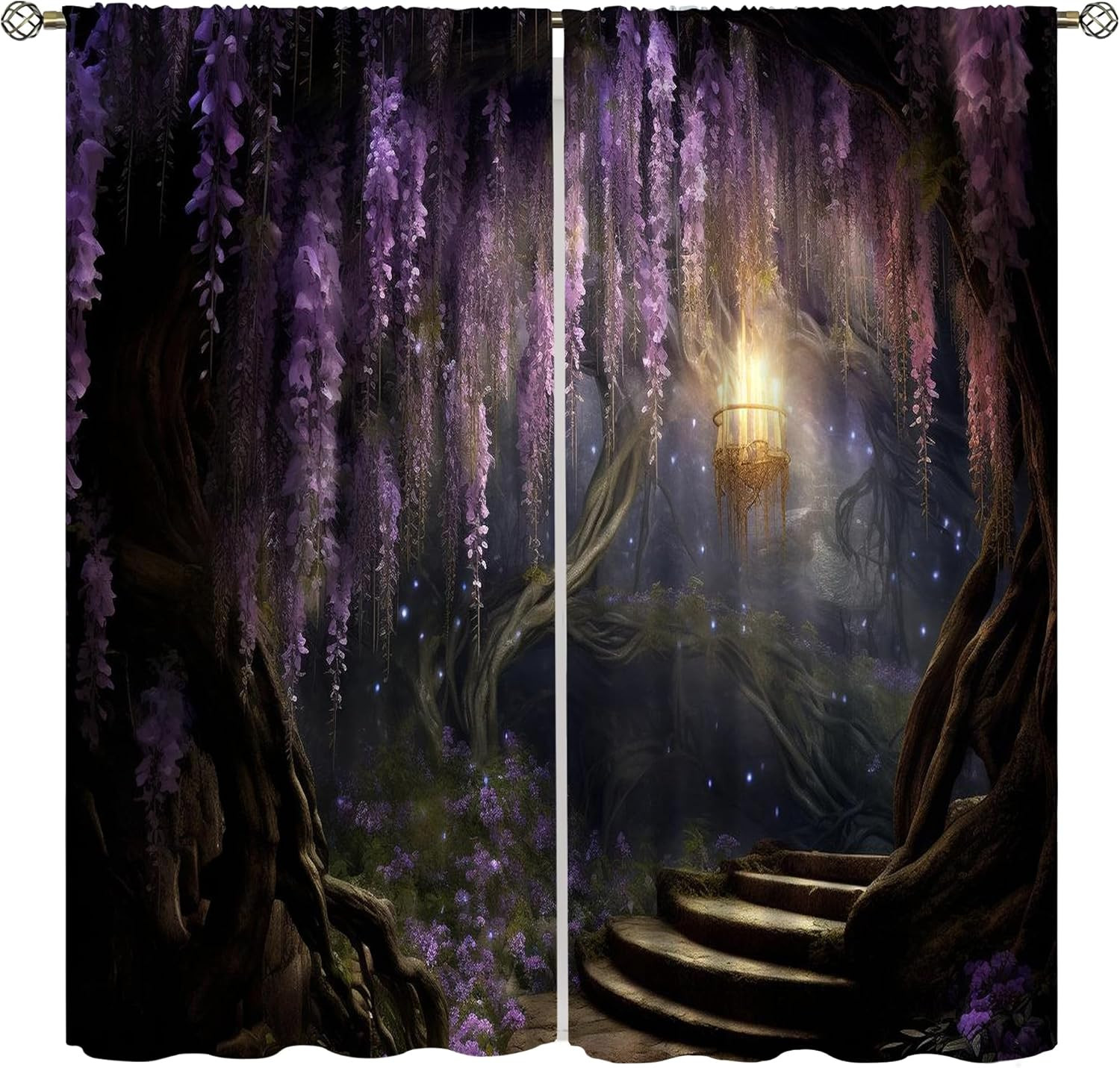 Fantasy Forest Curtains, Enchanted Wonderland Purple Wisteria Flower Lanterns Na