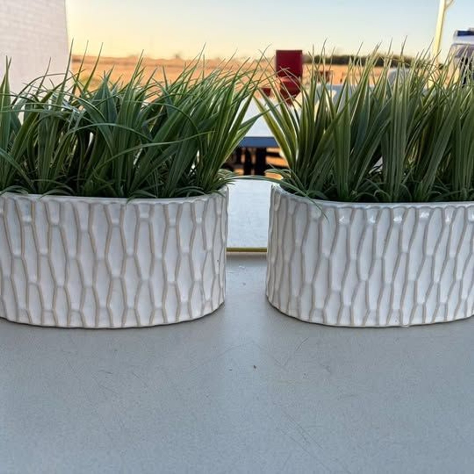 2 – 12″ x4″ ceramic planters with plastic grass